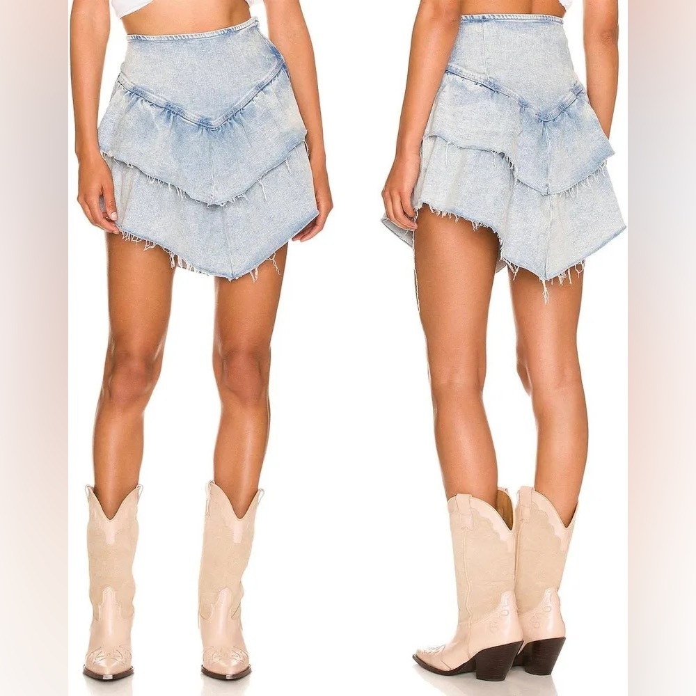 MOTHER The Ruffle Mini Raw Edge Denim Skirt Action Shot Wash